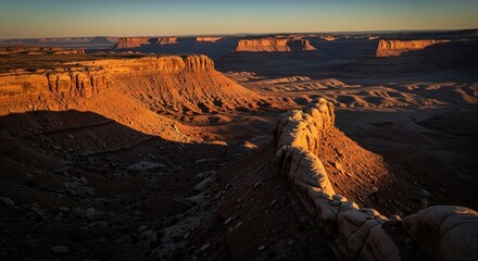 Scenic, high-angle vista captures a vast canyon bathed in the warm light of sunrise/sunset