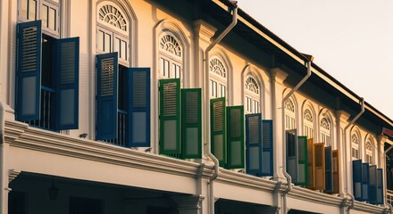 Row of old buildings with colorful shutters open, golden hour light, a sunny day