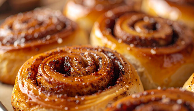 Warm fresh rolls with rich cinnamon aroma, comforting bakery snack, tasty food.