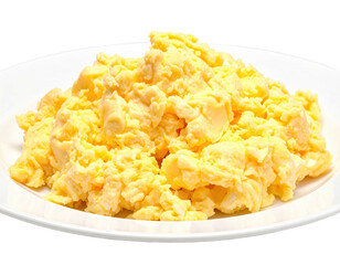 A close-up view of creamy, fluffy scrambled eggs piled on a plain white plate