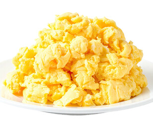 Close-up of fluffy scrambled egg heap on a white plate, cut out, breakfast staple