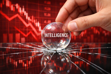 Intelligence crisis finance decline forecast analyze visual a fragile bubble labeled intelligence shattering over reflective surface with red market chart background conveying