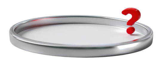 Round silver metallic tray with a red question mark
