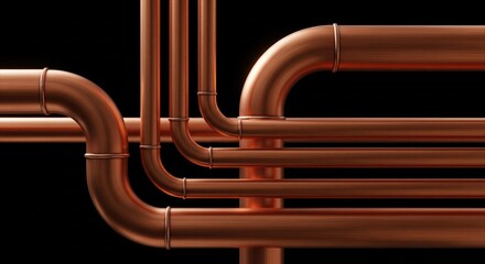 Shiny copper plumbing pipes, bent and joined, against a stark black background