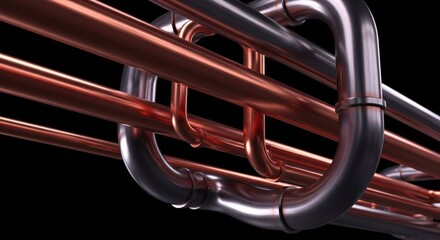 Shiny metal pipes in copper and silver bend and intersect, close-up on black background