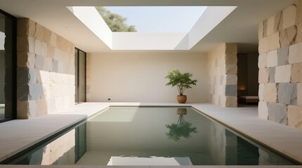 Minimalist indoor reflecting pool with skylight and potted tree in stone interior