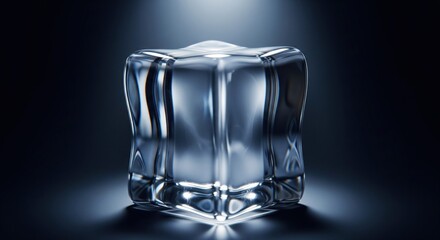 Single, glowing ice cube, detailed textures, dramatic lighting, dark background