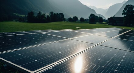 Solar panels reflect sunlight in a lush green field, with mountains in the background