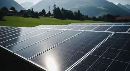 Solar panels in a lush green field, village and mountains in the background, generating power