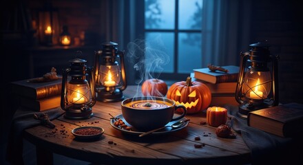 Spooky scene lantern-lit table with a steaming drink, pumpkins, and books, night atmosphere