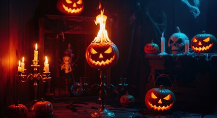 Spooky scene of illuminated carved pumpkins, candles, skulls, and spooky ambiance in a dark room