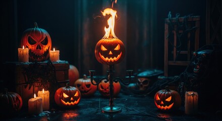 Spooky scene with carved pumpkins lit by candles & fire, in a dim, gothic-style room