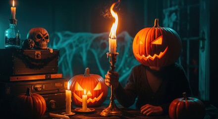 Spooky Halloween scene with carved pumpkins, skull, candles, and eerie lighting