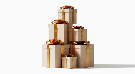 Stack of beige gift boxes with gold ribbons and bows, isolated against a white background