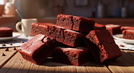Stack of fresh, moist chocolate squares on a wooden table with a cup and scattered chips