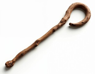 Obraz premium Wooden shepherds staff isolated on white background. Rustic curved crook tool symbolizes guidance, faith, pastor care, protection. Religious symbol of leadership and shepherd.
