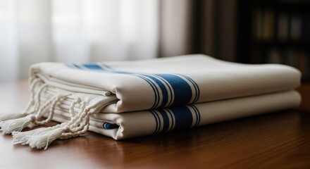 Stacked rectangular linens with blue stripes and fringe sit on a wooden surface; blurred background