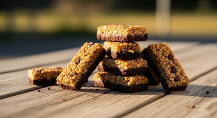 Stack of rectangular, layered bars with visible chocolate chips, on a textured wood surface