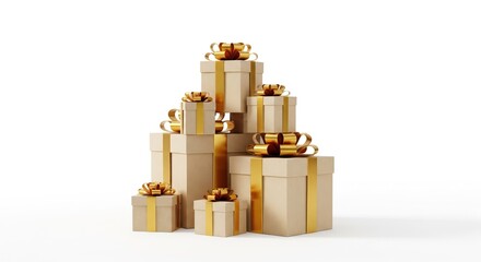 Stacked beige gift boxes with golden ribbons and bows against a plain white background
