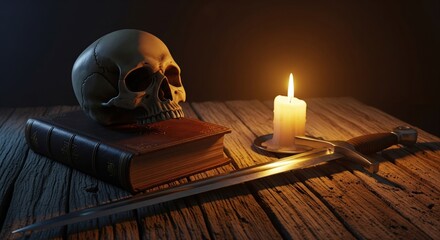 Still life of skull, book, burning candle, and a dagger on aged wood
