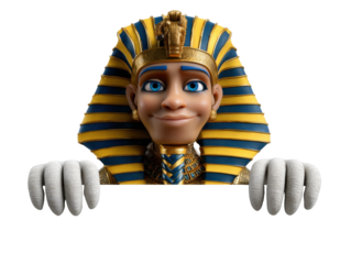Smiling pharaoh character with blue and gold headdress and bandaged hands