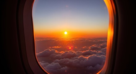 Sunrise view from an airplane window, golden light reflecting on clouds below