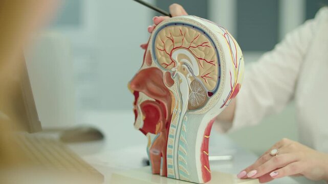 Doctor explaining brain anatomy using human head cross section model