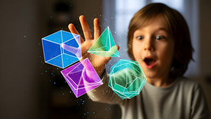 Young child interacting with holographic geometric shapes modern technology concept