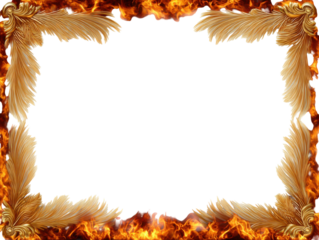Decorative gold feather frame with fiery flames on black background