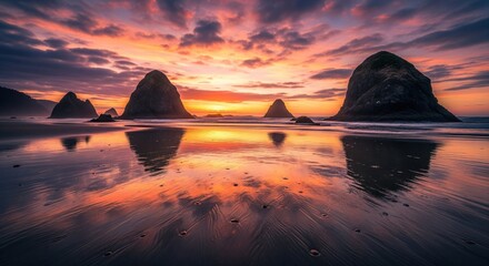 Sunset over beach with rock formations, vibrant colors reflecting on wet sand