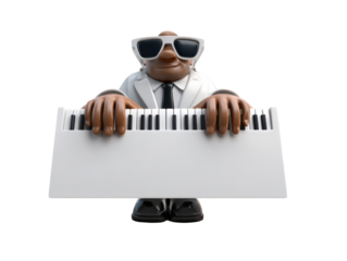 Cartoon character in white suit playing keyboard with sunglasses