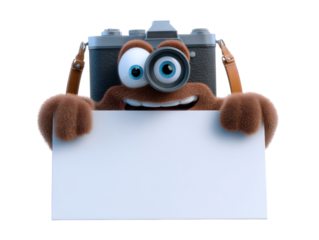 Animated camera character holding blank sign