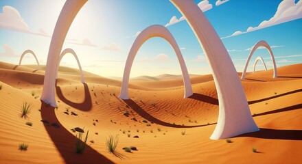 Surreal desert landscape with white archways, bathed in sunlight under a cloudy sky