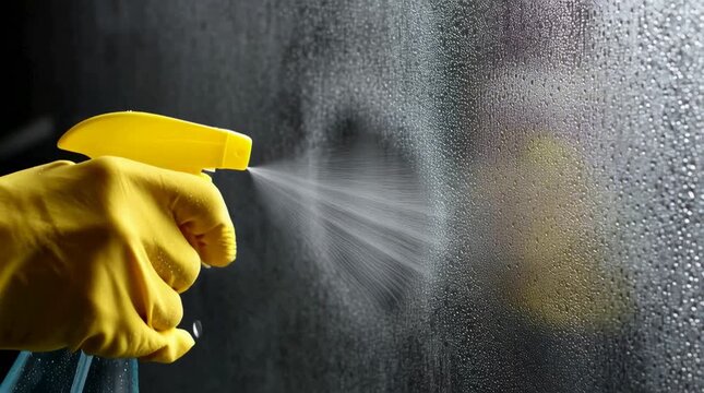 A hand wearing a yellow glove sprays a window with cleaner. Cleaning concept.