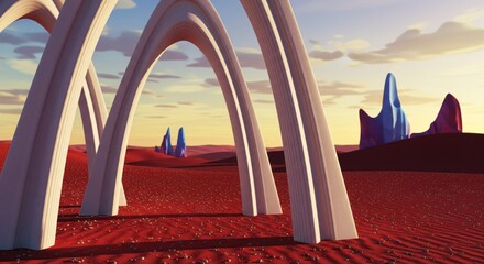 Surreal landscape with arched structures and crystalline mountains under a colorful sky