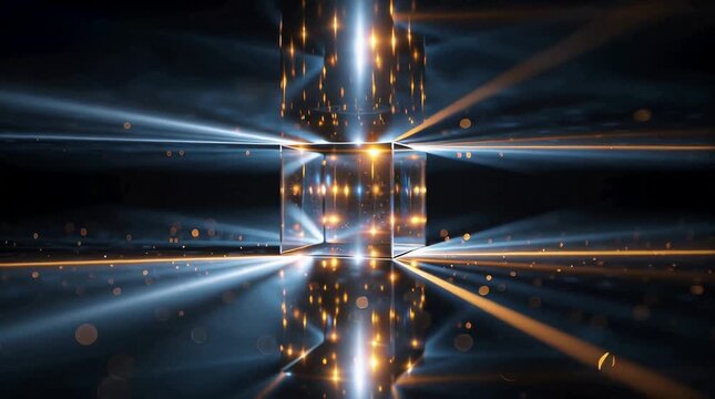 An abstract geometric cube radiates light and energy, illustrating the concept of innovation and technology. The glowing, futuristic design suggests cutting-edge advancements and the power of data