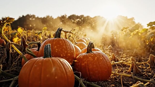 Beautiful pumpkins in a field with sunlight, autumn harvest season.