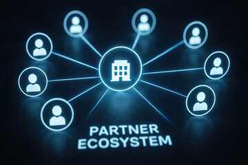 Partner ecosystem network connection hub collaboration showing a glowing company icon linking multiple partner icons to illustrate business alliance and growth