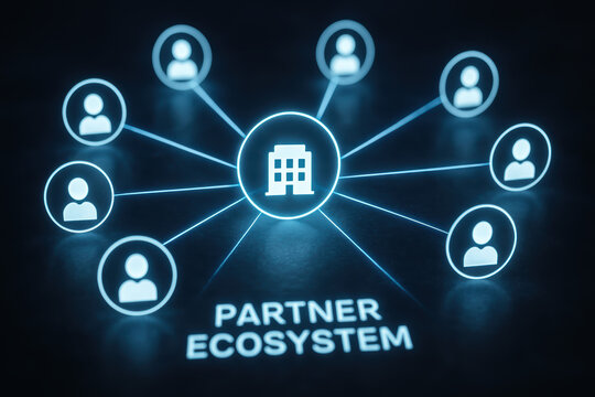 Partner ecosystem network connection hub collaboration showing a glowing company icon linking multiple partner icons to illustrate business alliance and growth