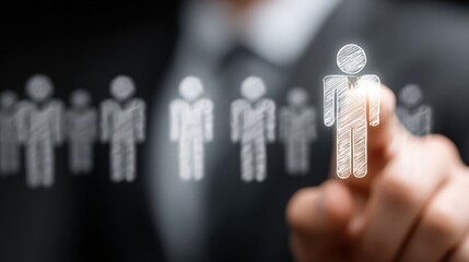 Group of human figures with one person highlighted, suggesting selection or focus in a business or professional setting