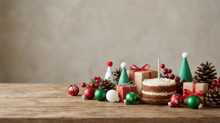 Festive holiday celebration decorations with cake gifts and ornaments in a cozy indoor setting ideal for christmas events and seasonal gatherings