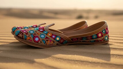 Embroidered Colorful Mojari Shoes on Sandy Desert Dunes