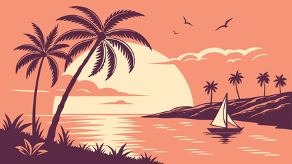  Tropical Sunset Landscape with Palm Trees. Vibrant Ocean Horizon and Island Coastline at Dusk. Flat Vector Beach Illustration.