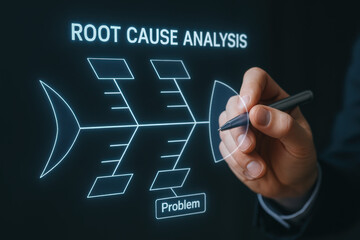 Root cause analysis problem fishbone ishikawa | glowing fishbone diagram on dark glass with poised hand to trace problem origin focused and analytical conveying urgency and clarity