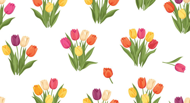 Cheerful seamless pattern of colorful tulip bouquets in pink, yellow, orange, and purple for spring celebration and floral wallpapers.