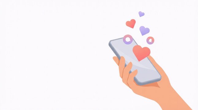 Flat vector illustration showing hand with smartphone and floating heart notification symbols. Modern editorial style ideal for social media marketing, digital lifestyle content, and presentations