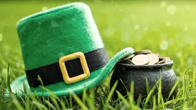A vibrant green leprechaun hat and a small black pot filled with golden coins rest on lush, dewy grass, glistening under soft, ethereal sunlight with sparkling bokeh effects