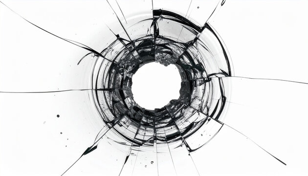 Bullet hole in shattered glass with radial cracks, isolated on white background