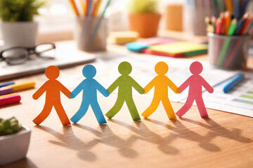 Teamwork diversity collaboration community A row colorful paper people cutout on a desk representing cooperation creativity and positive workplace connection