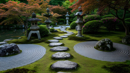Tranquil japanese garden landscape featuring stone lanterns and pathways amidst lush vegetation